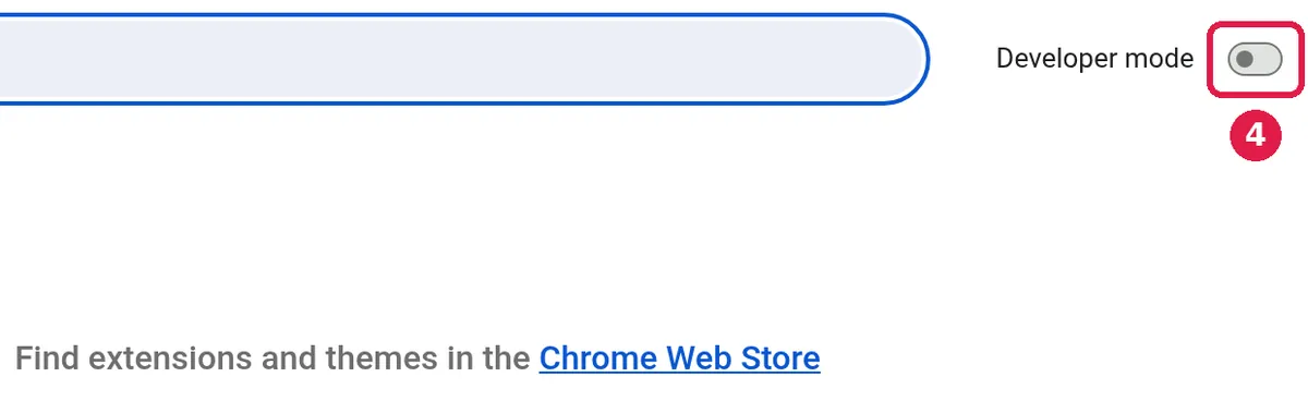 Chrome's extensions page with the Developer mode switch in the top right highlighted