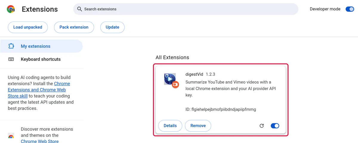 The digestVid 1.2.3 card on Chrome's extensions page after loading it