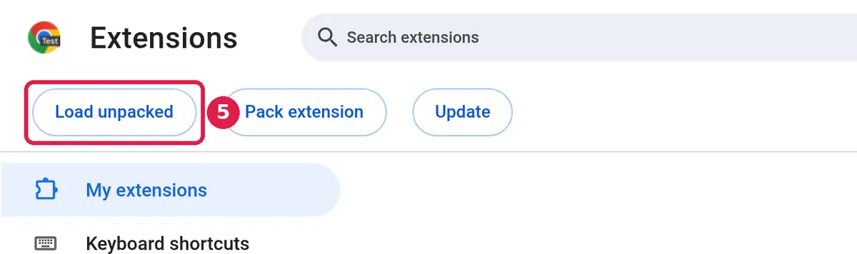 Chrome's extensions page in Developer mode with the Load unpacked button highlighted
