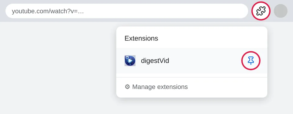 Illustration of Chrome's puzzle-piece extensions menu with the pin next to digestVid highlighted