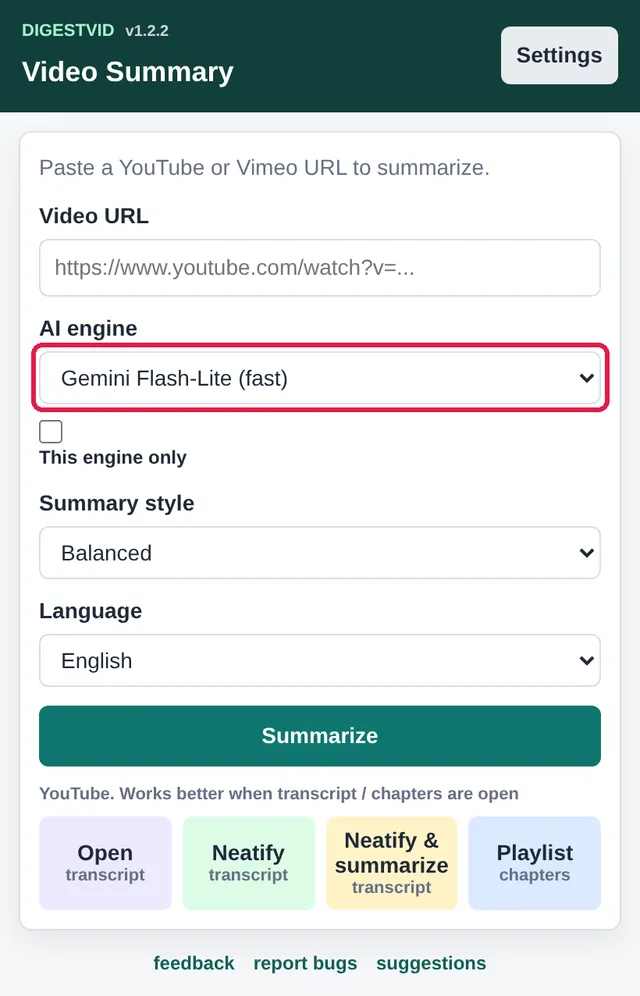 The digestVid popup with the AI engine list highlighted