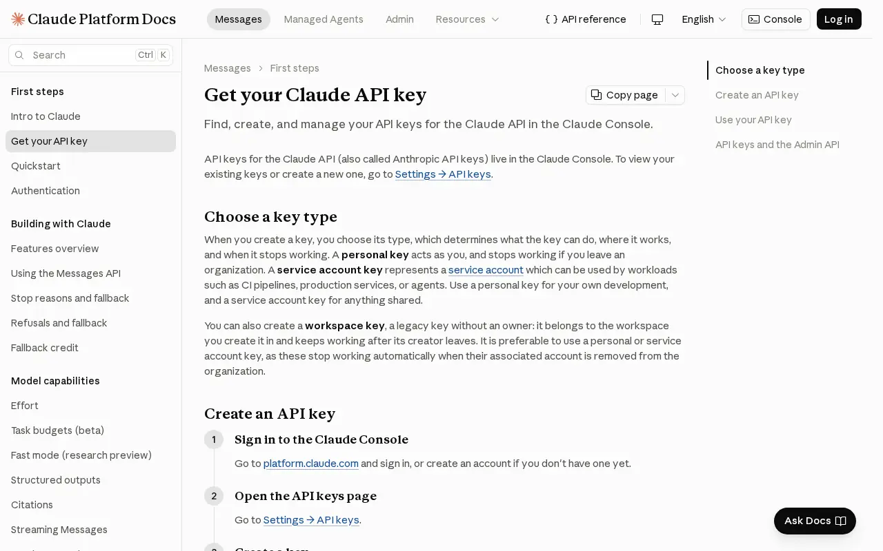 Anthropic's Claude documentation page on getting an API key