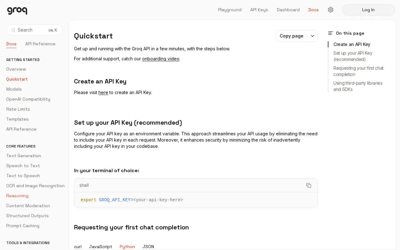 Groq's quickstart documentation page with the Create an API Key step