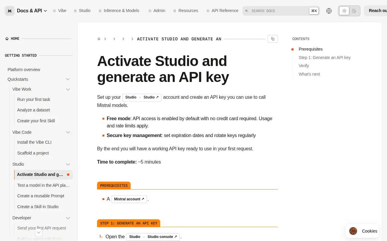 Mistral's documentation page on activating the API and generating a key