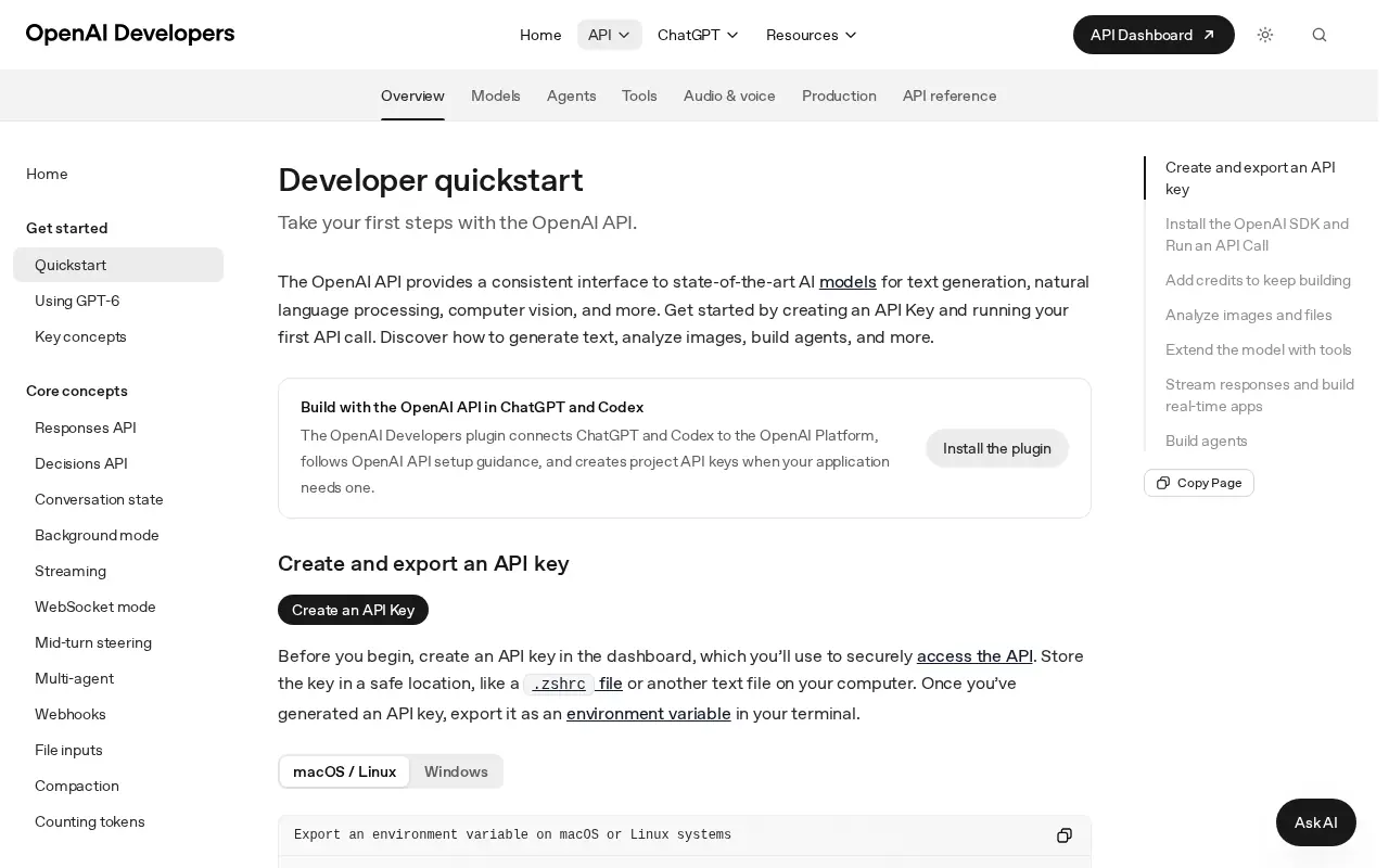 OpenAI's developer quickstart page with the Create an API key step