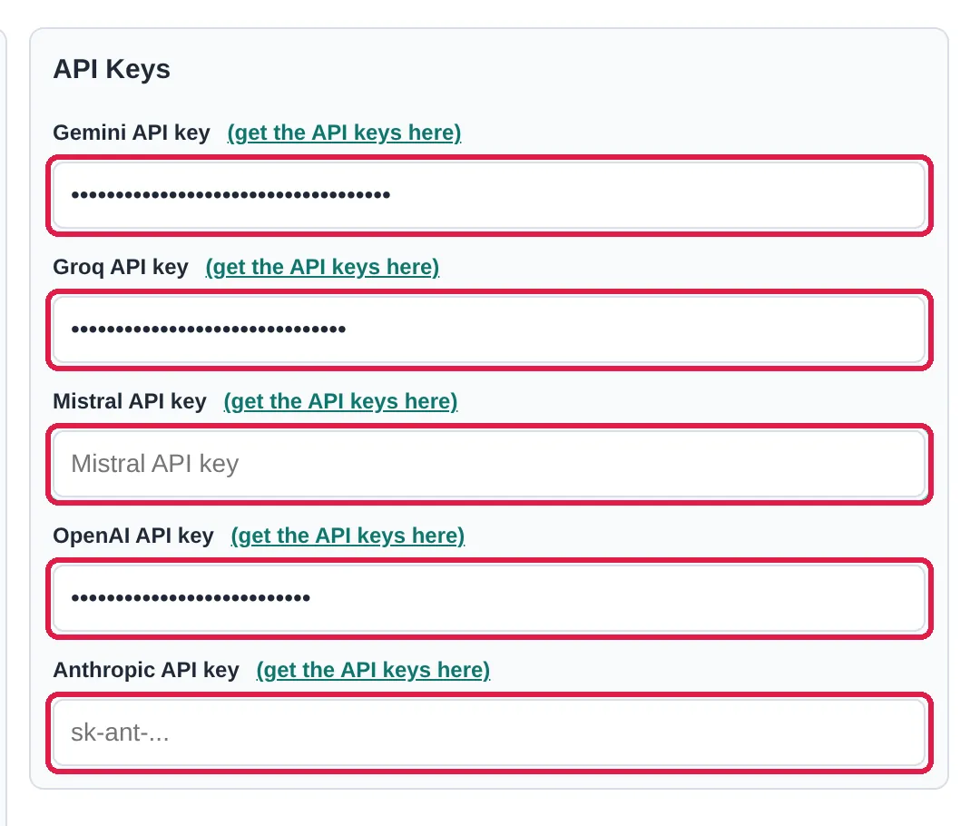 digestVid Settings, API Keys section with fields for Gemini, Groq, Mistral, OpenAI and Anthropic keys (filled with fake example keys)